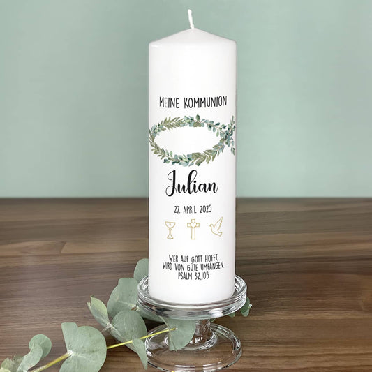 Kommunionkerze mit Fisch aus Eukalyptus & Ölzweigen, Name, Datum & Psalm