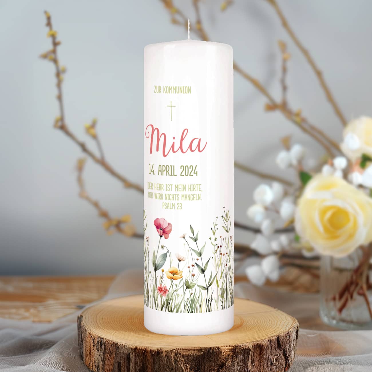 Kommunionkerze mit Wildblumen, Name, Datum & Psalm