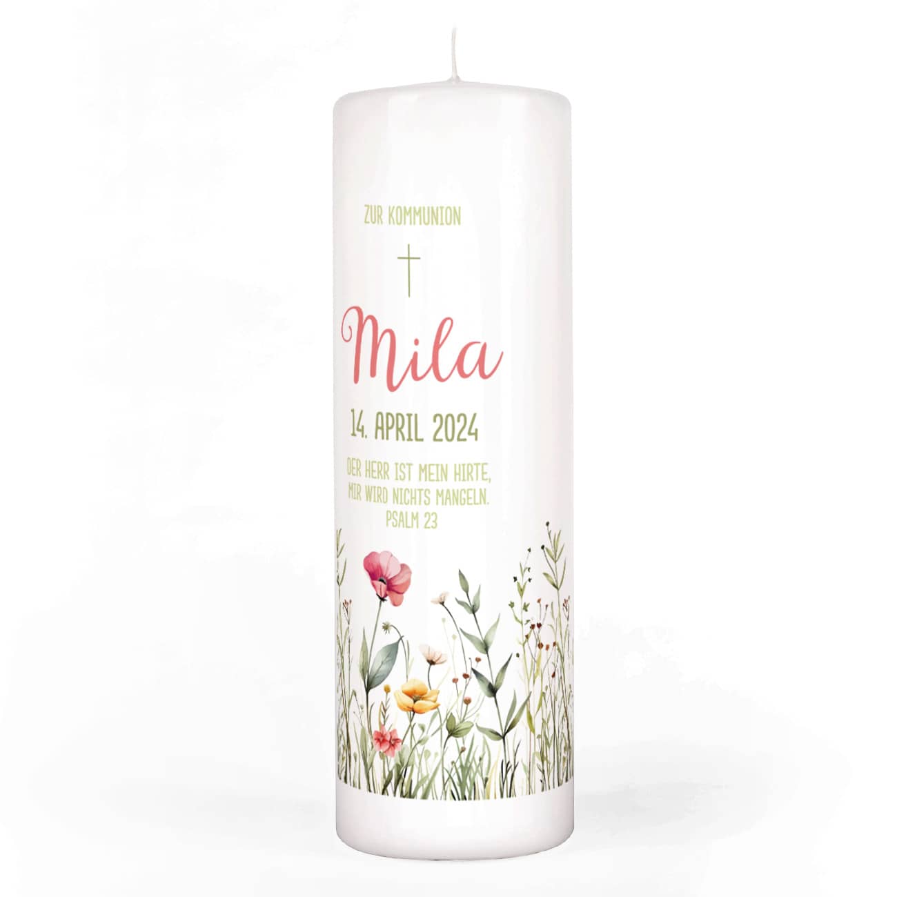 Persönliche Kommunionkerze mit Wildblumen-Motiv, Name, Datum 