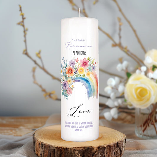 Personalisierte Kerze mit Regenbogen-Motiv | Kommunion, Konfirmation, Taufe, Jugendweihe