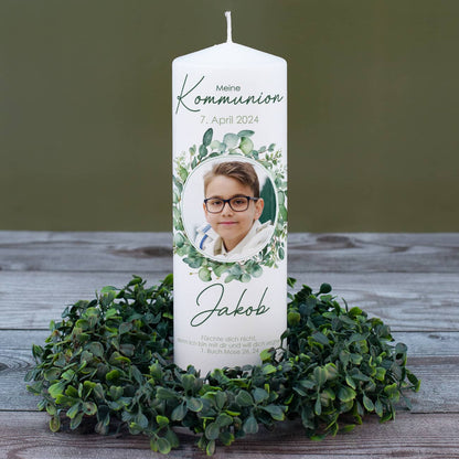 Kommunionkerze mit Foto, Eukalyptus, Name, Datum & Wunschtext