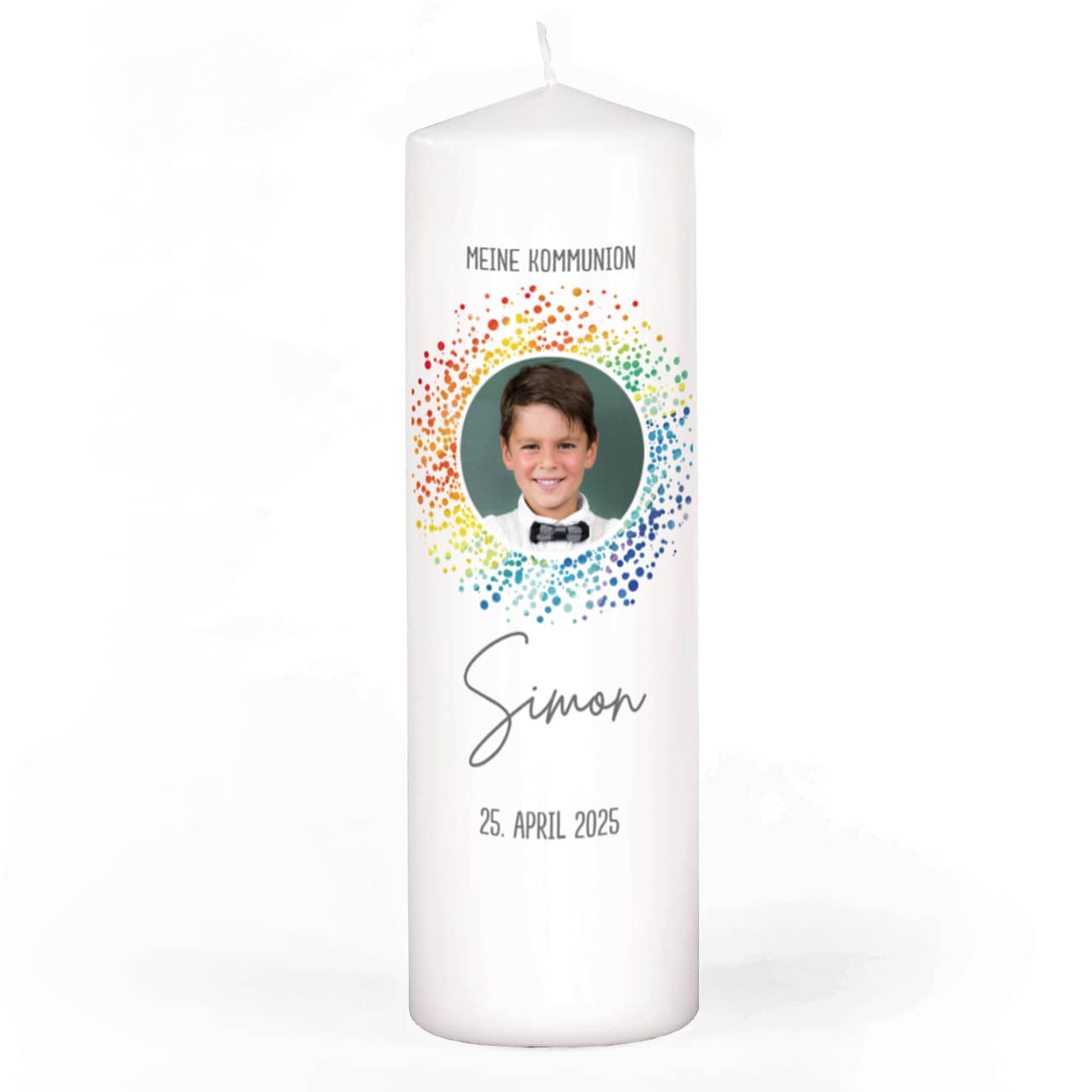 Kommunionkerze mit Foto im Regenbogen-Kreis, Name, Datum & Segenswunsch