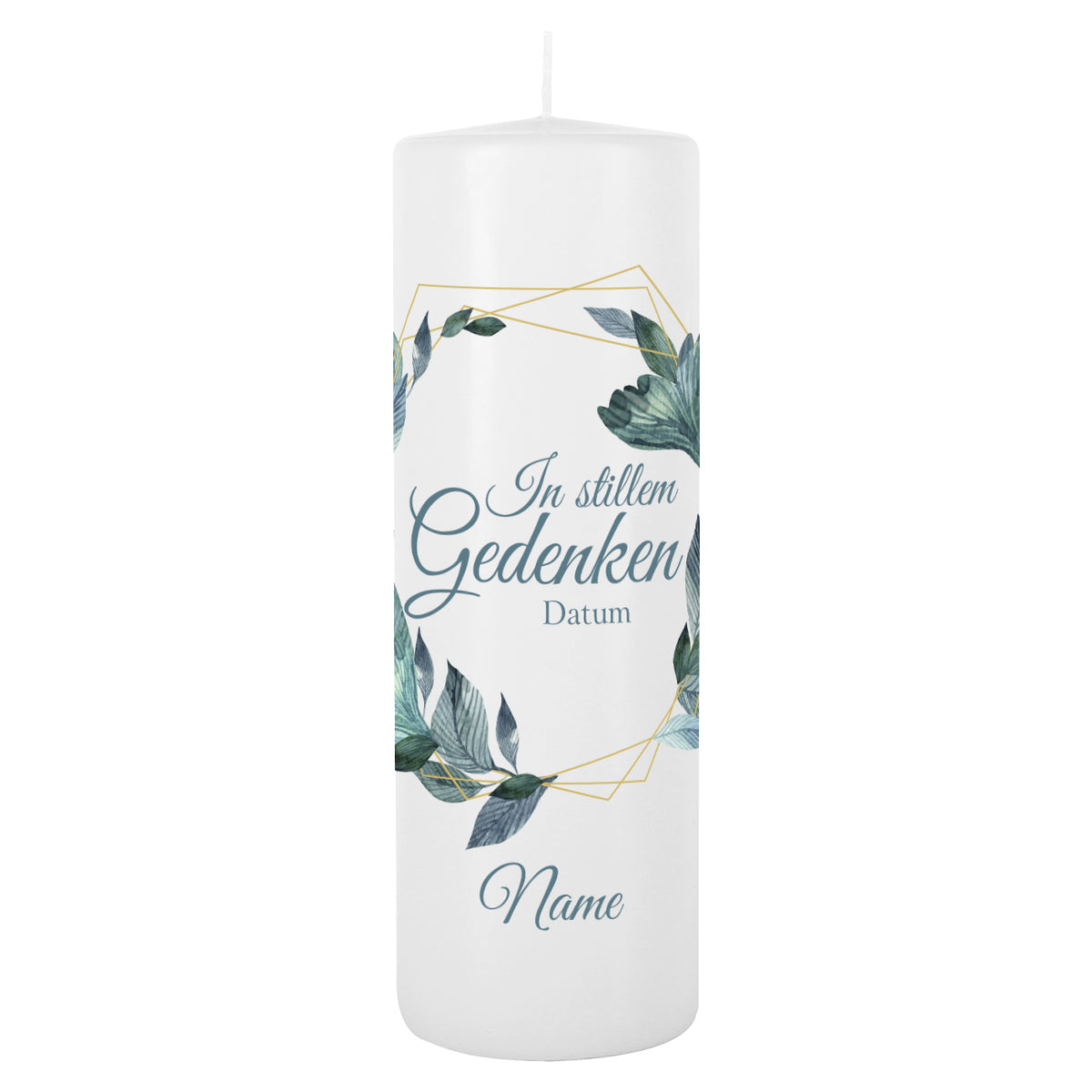 Gedenkkerze mit modernem Blätterkranz, Name und Datum