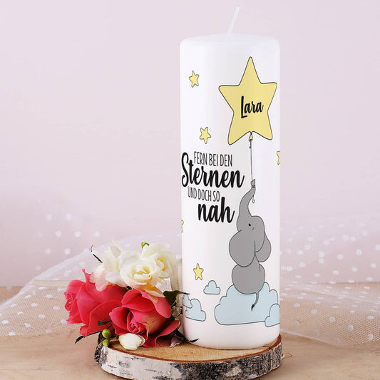 Trauerkerze - Sternenkind mit kleinen Elefanten und Wunschname bedruckt