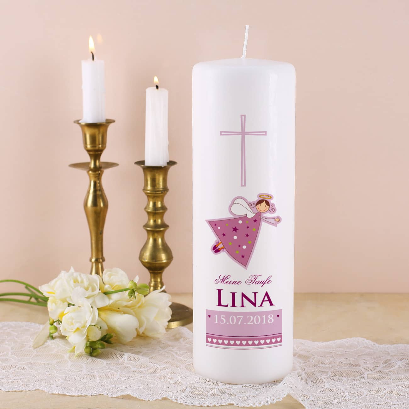 Taufkerze in Weiß mit Schutzengel