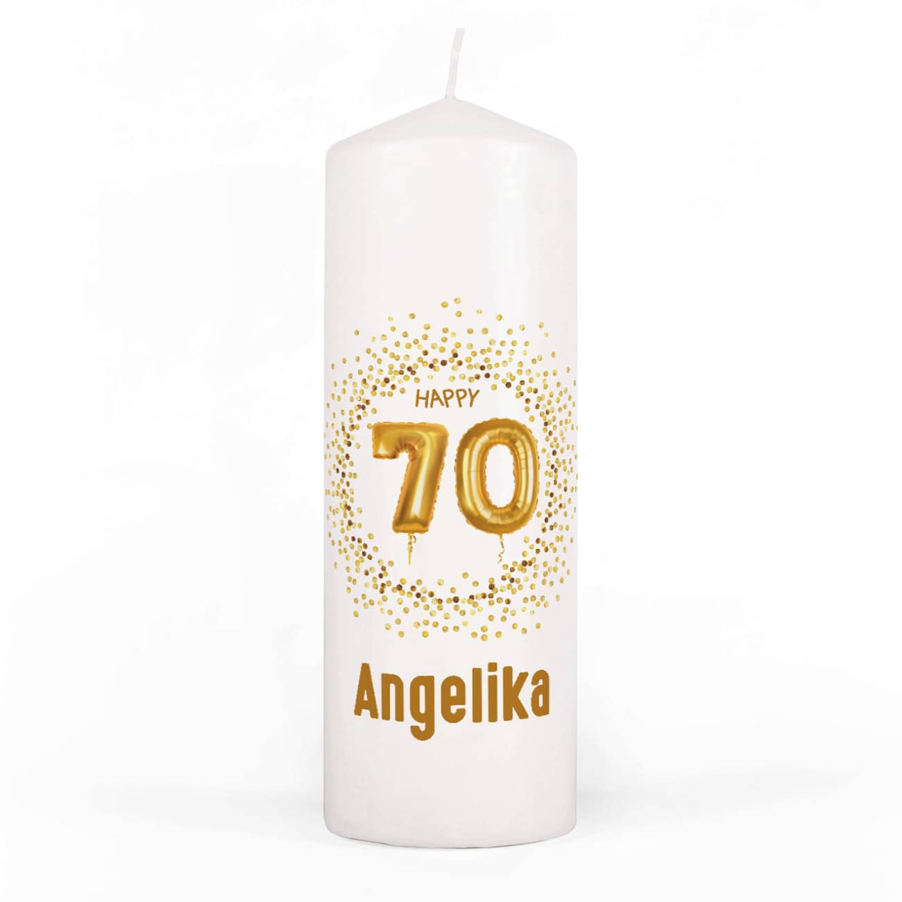Kerze zum 70. Geburtstag mit Name und großer Ballon-Zahl
