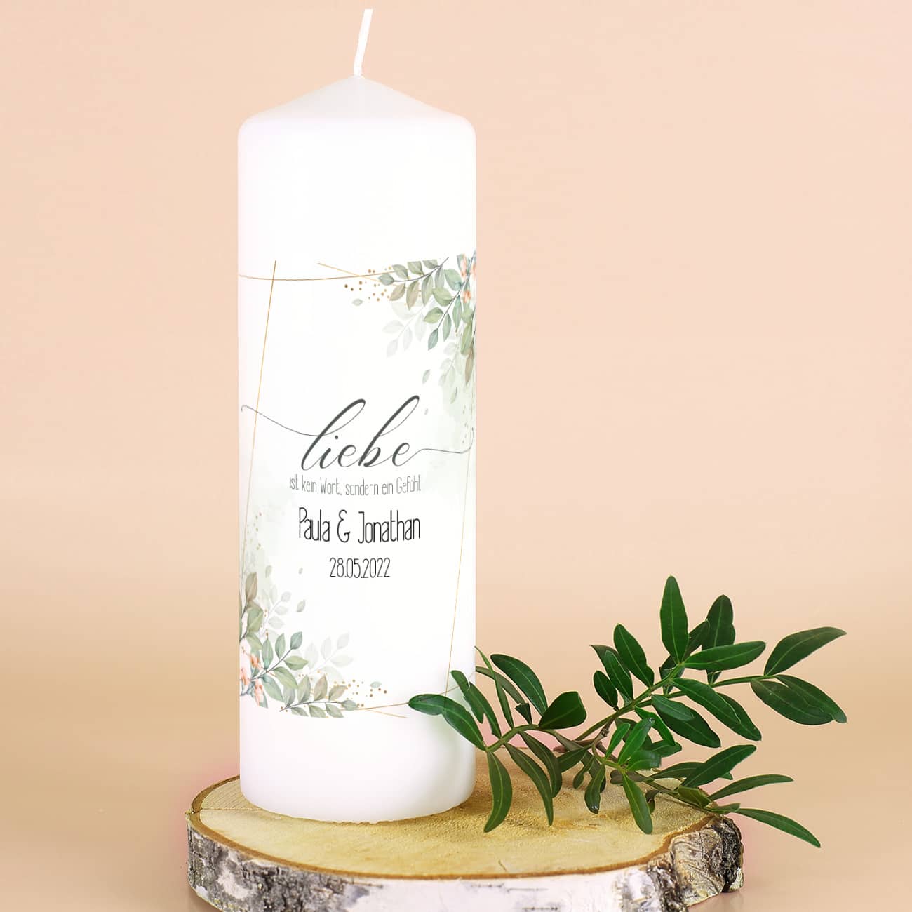 Kerze zur Hochzeit mit Namen, Datum und Blätterdesign