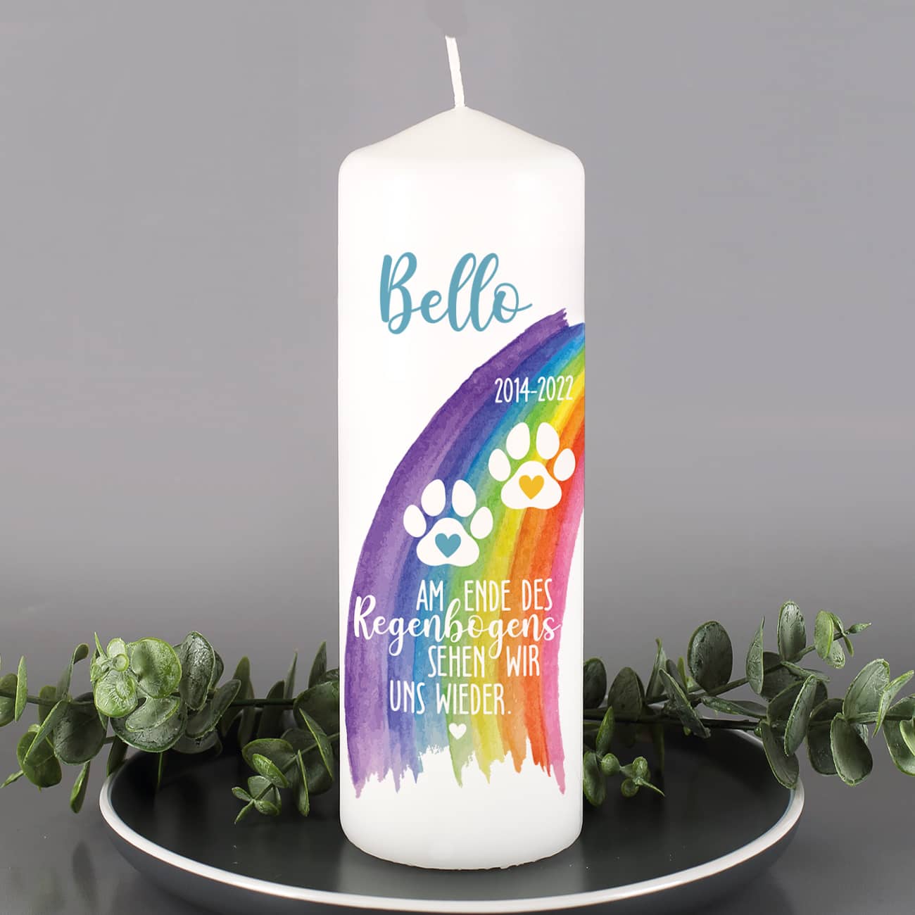 Personalisierte Trauerkerze für das Haustier mit Name und Jahr bedruckt