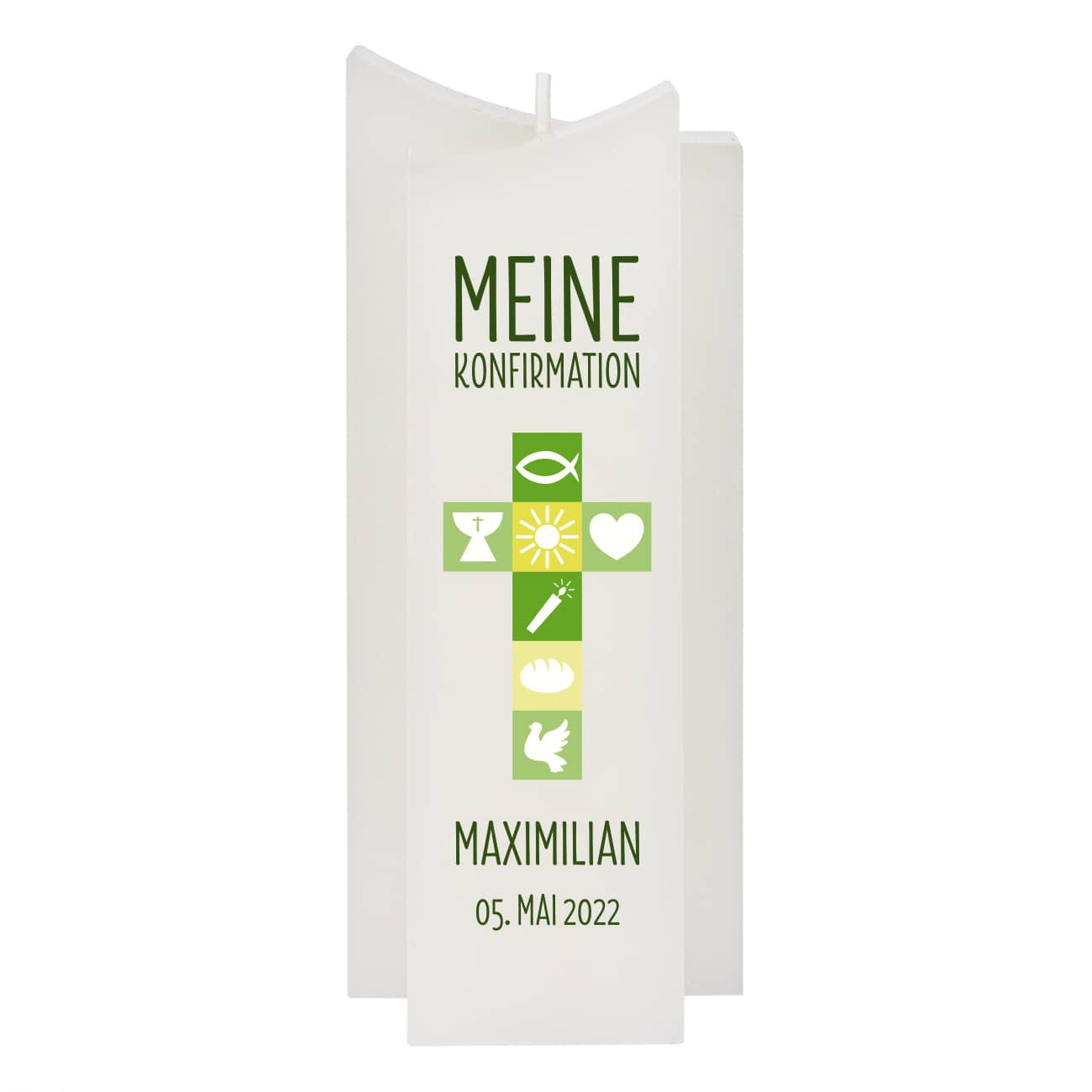 Kerze "Meine Konfirmation" mit grünem Kreuz, Wunschname und Datum