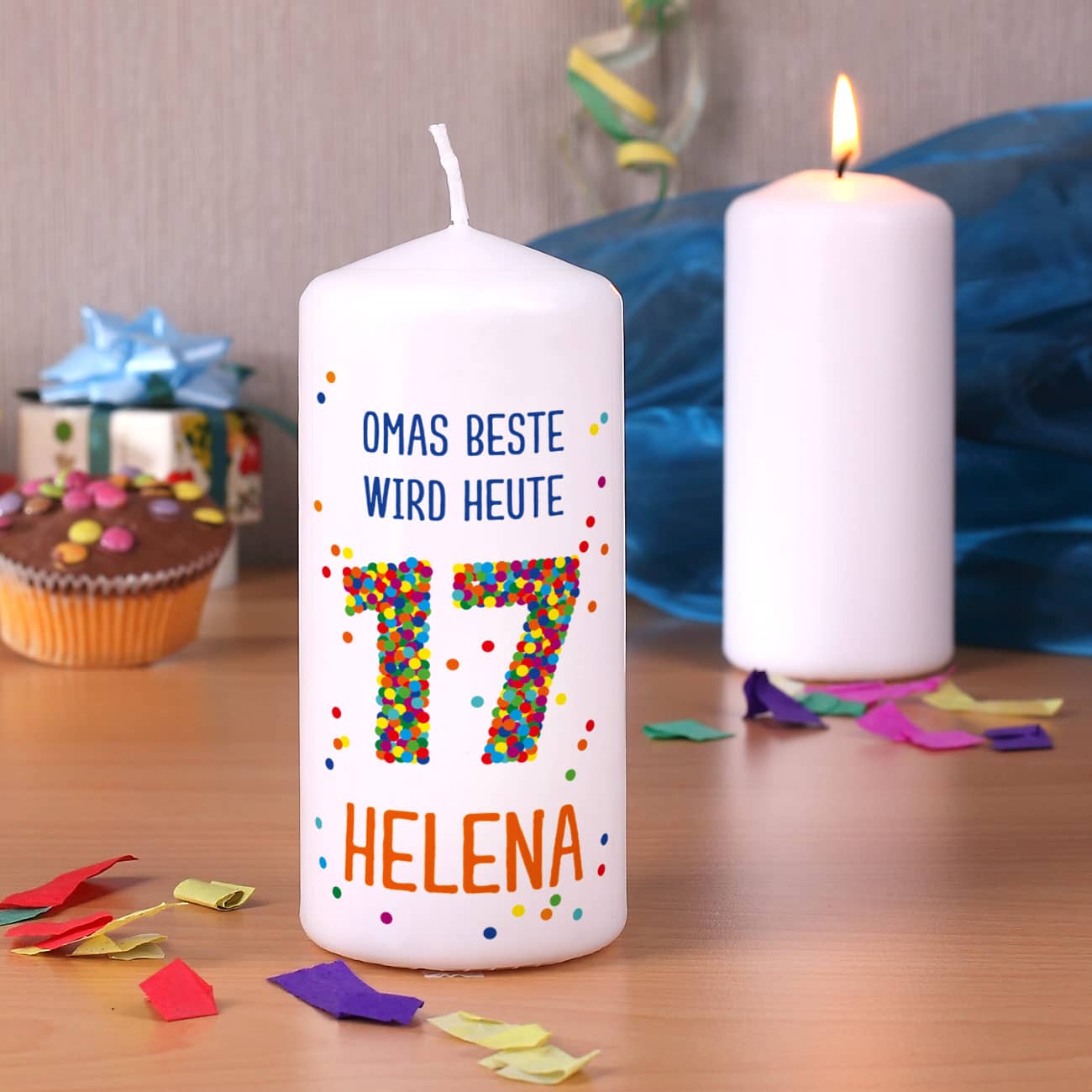 Kerze zum 17. Geburtstag mit Name und Wunschtext