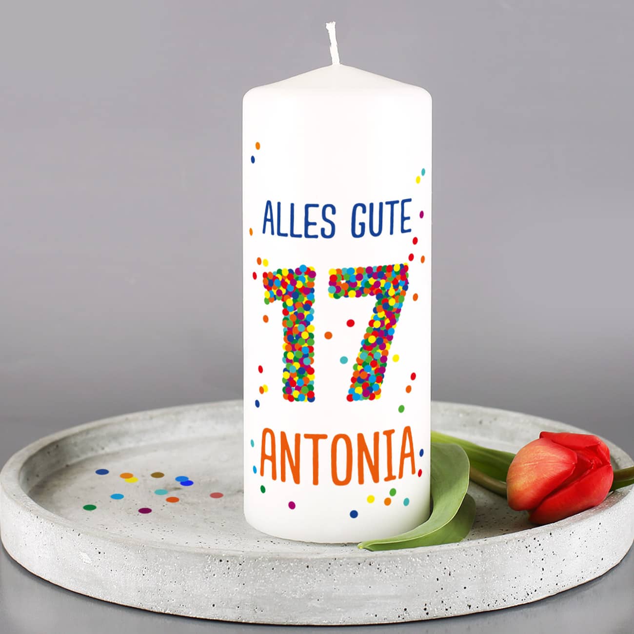 Kerze zum 17. Geburtstag mit Name und Wunschtext