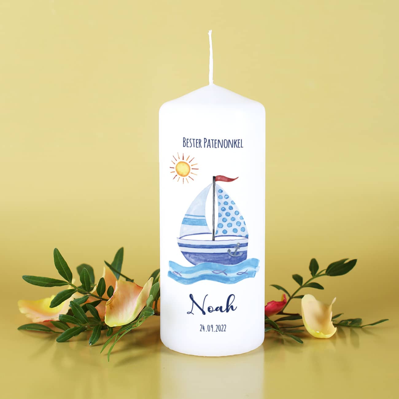 Personalisierte Patenkerze bedruckt mit schönem Segelschiff Motiv