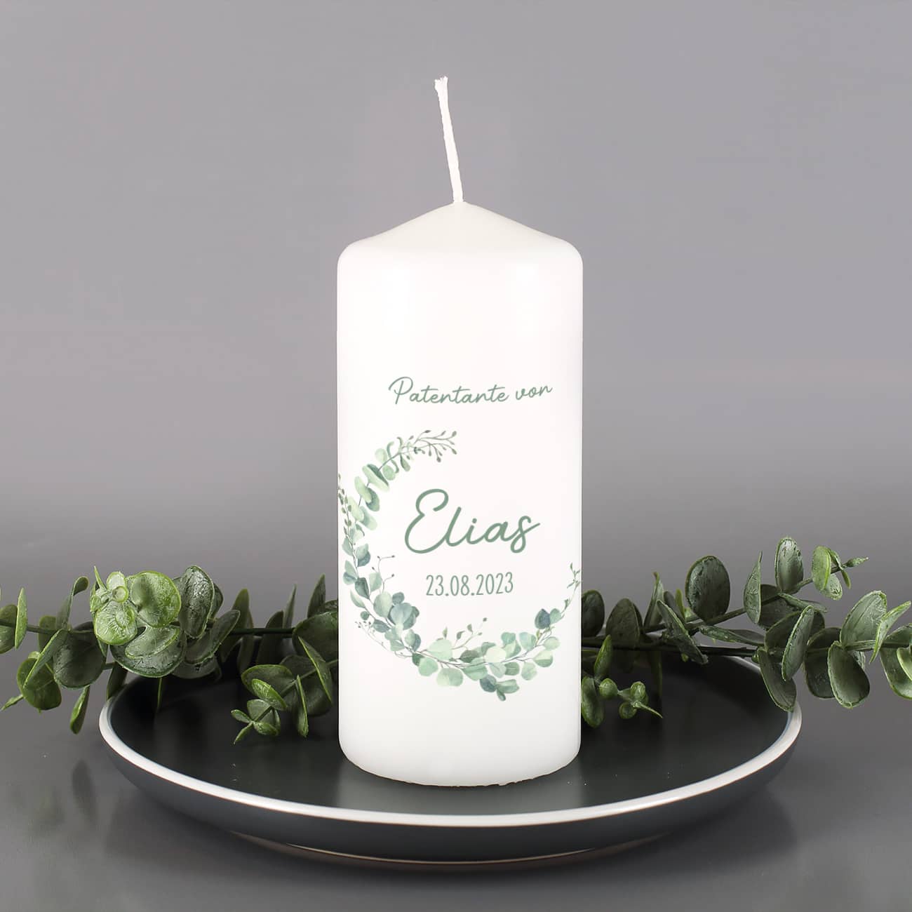Wachskerze für den Paten mit kurzem Wunschtext, Name und Datum