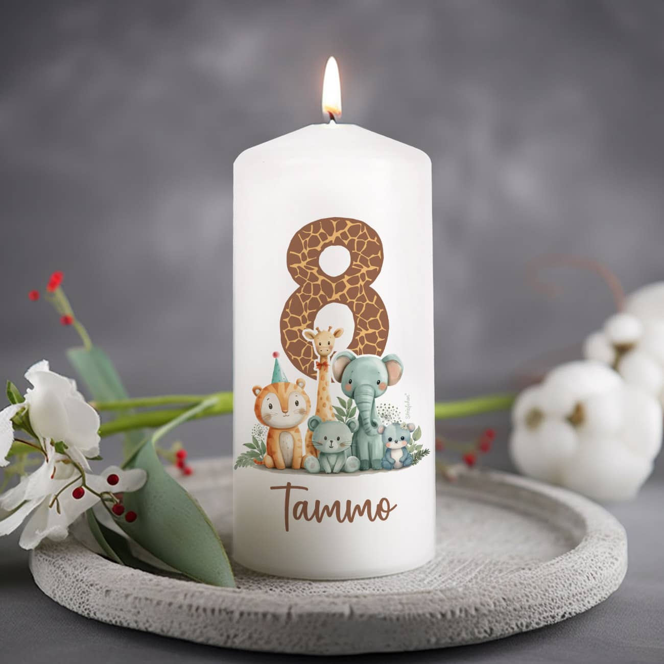 Kindergeburtstags-Kerze mit großer Zahl, Wildtieren und Name