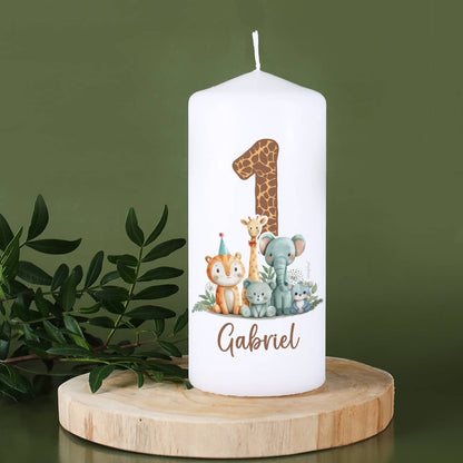 Kindergeburtstags-Kerze mit großer Zahl, Wildtieren und Name