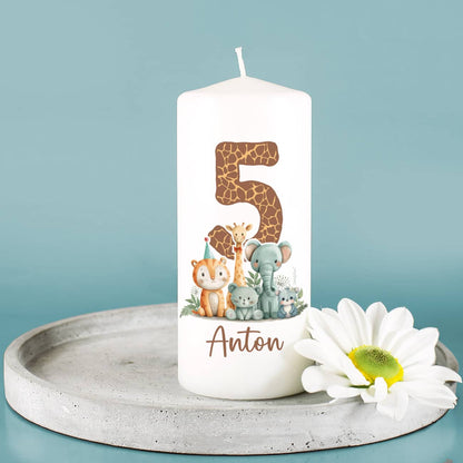 Kinder-Geburtstagskerze mit großer Zahl, Wildtieren und Name