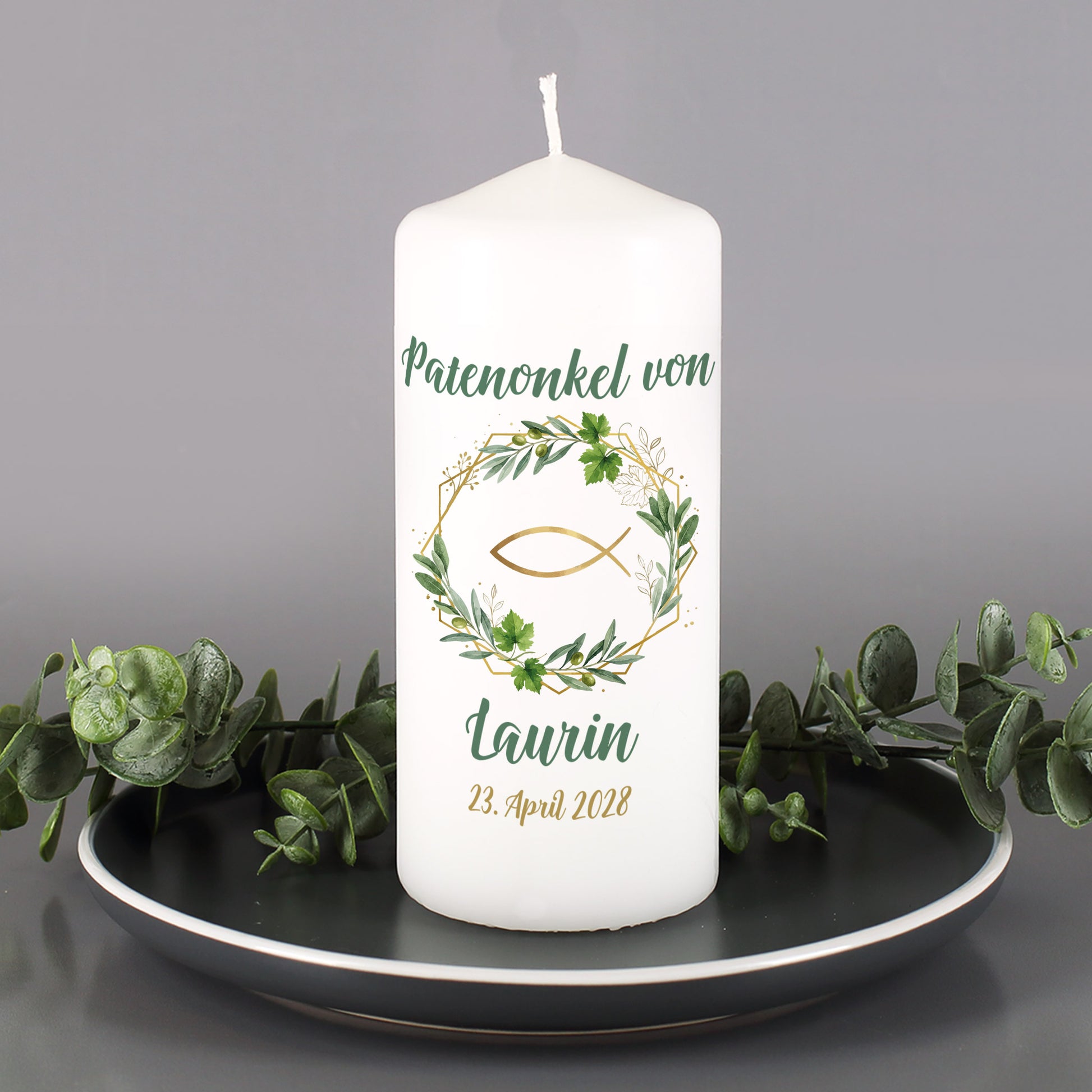 Kommunionkerze mit Aufdruck „Patenonkel von“ und personalisiertem Namen Laurin