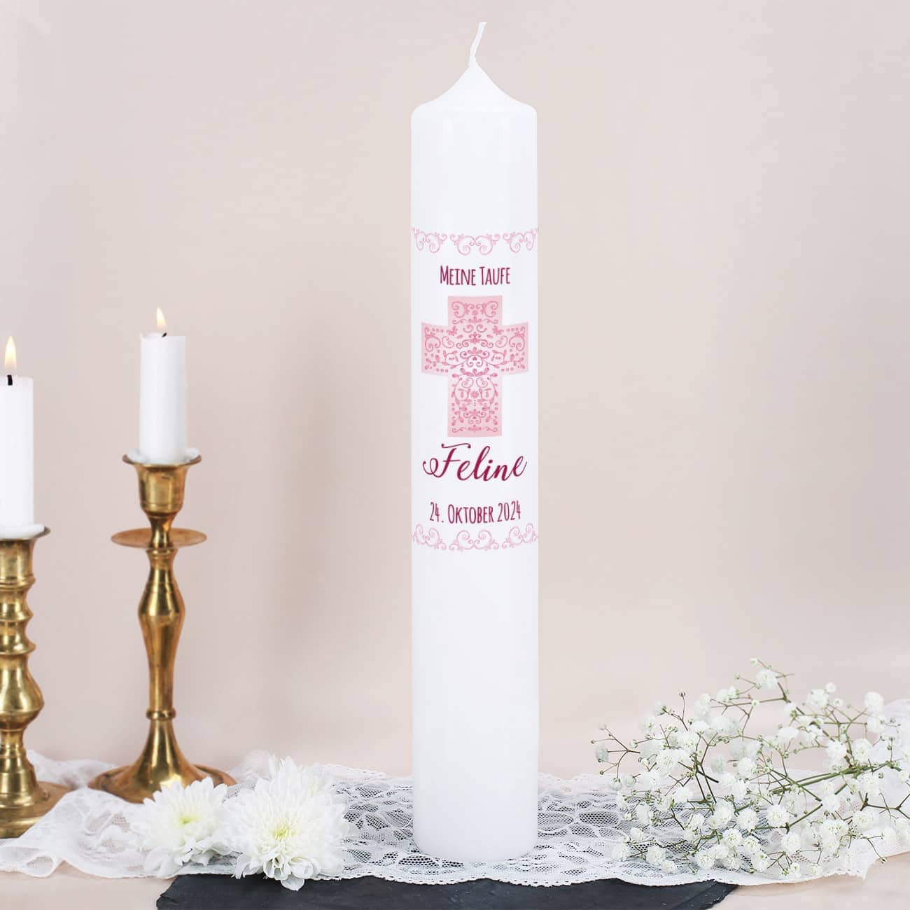 Große Kerze zur Taufe in rosé, 38x6cm