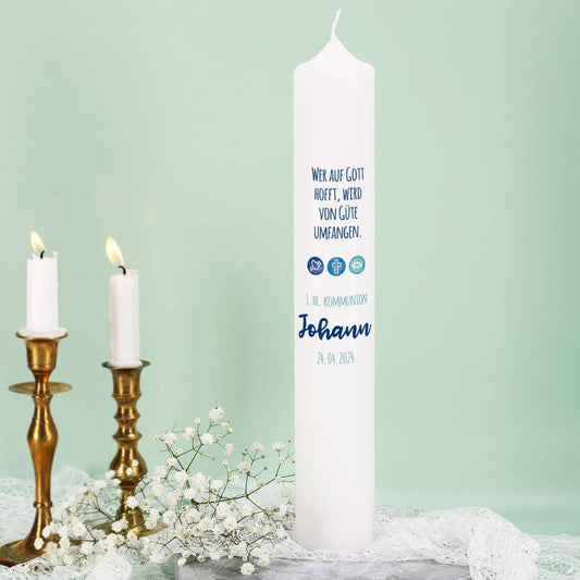 Große Kommunionkerze - Liebe, Hoffnung mit Name, Datum und Wunschtext