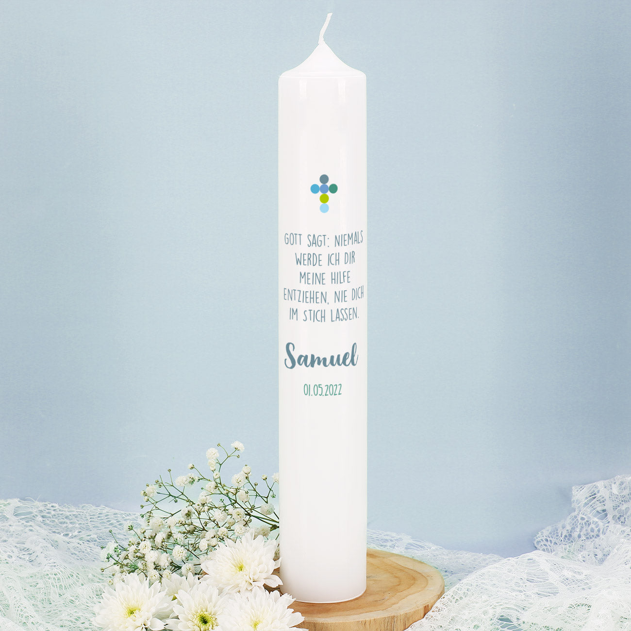 Rückseite der 6x38cm großen Kommunionkerze mit Psalm, Name und Datum