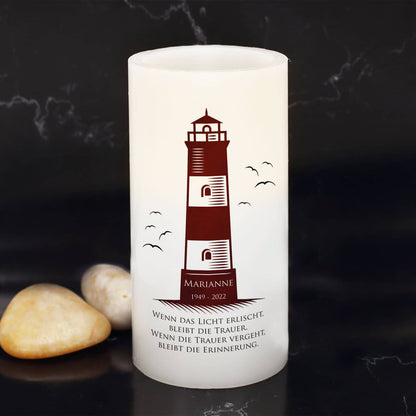 Trauerkerze LED mit Leuchtturm, Name und Datum bedruckt