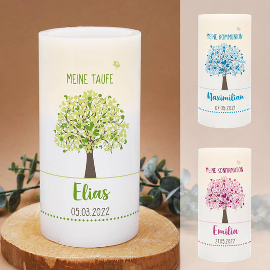 LED Kerze zur Taufe mit Lebensbaum in einer von drei Farben