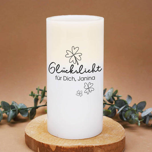 LED Echtwachskerze personalisiert mit einem Text als Druck