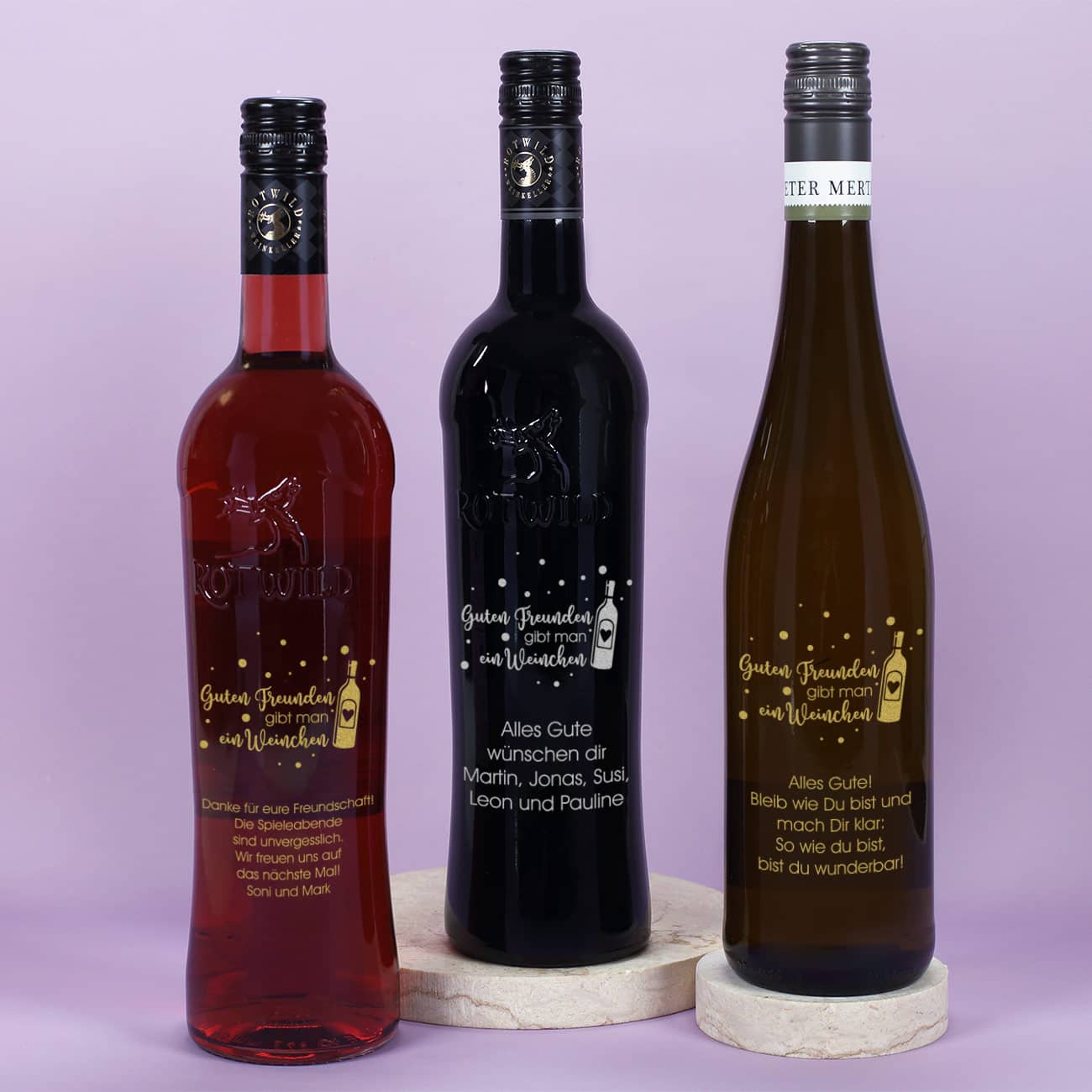 Guten Freunden gibt man ein Weinchen - Gravierte Weinflasche in verschiedenen Sorten mit Wunschtext