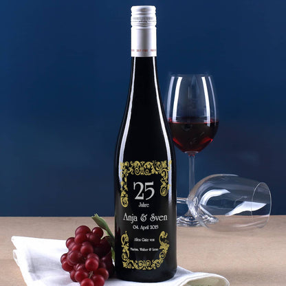 Weinflasche mit edler Gravur zur Silberhochzeit in silber und gold