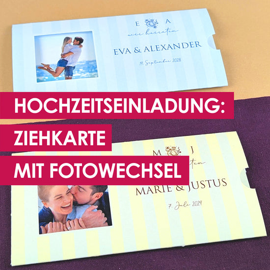 Hochzeitseinladung – Ziehkarte mit 2 Fotos und wählbarem farbigem Hintergrund