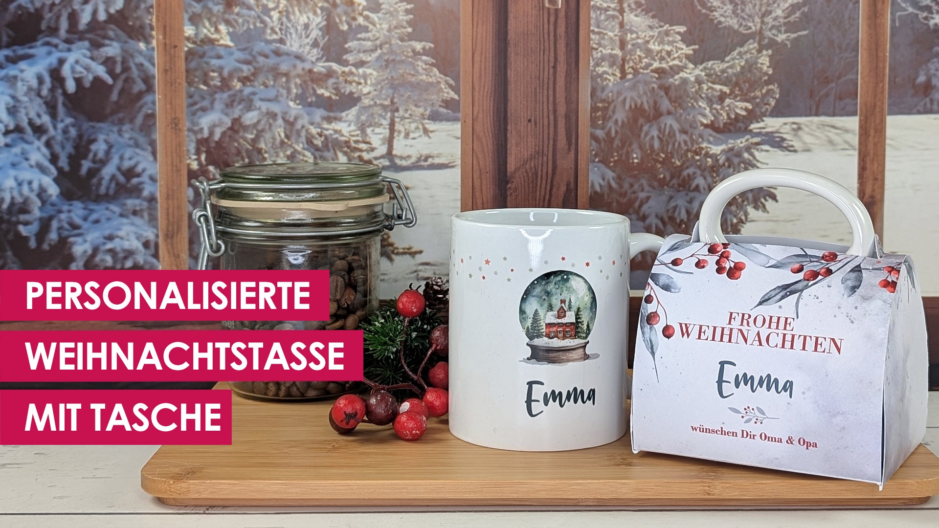 Personalisierte Weihnachtstasse mit Namen Schneekugelmotiv. Wird in passender Geschenkverpackung eingepackt. 