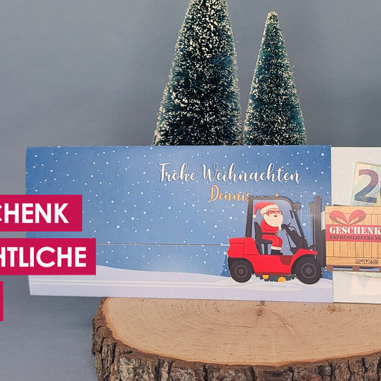 Weihnachtliche Ziehkarte mit bewegenden Gabelstapler Weihnachtsmann und Geschenk, mit Namen und Wunschtext