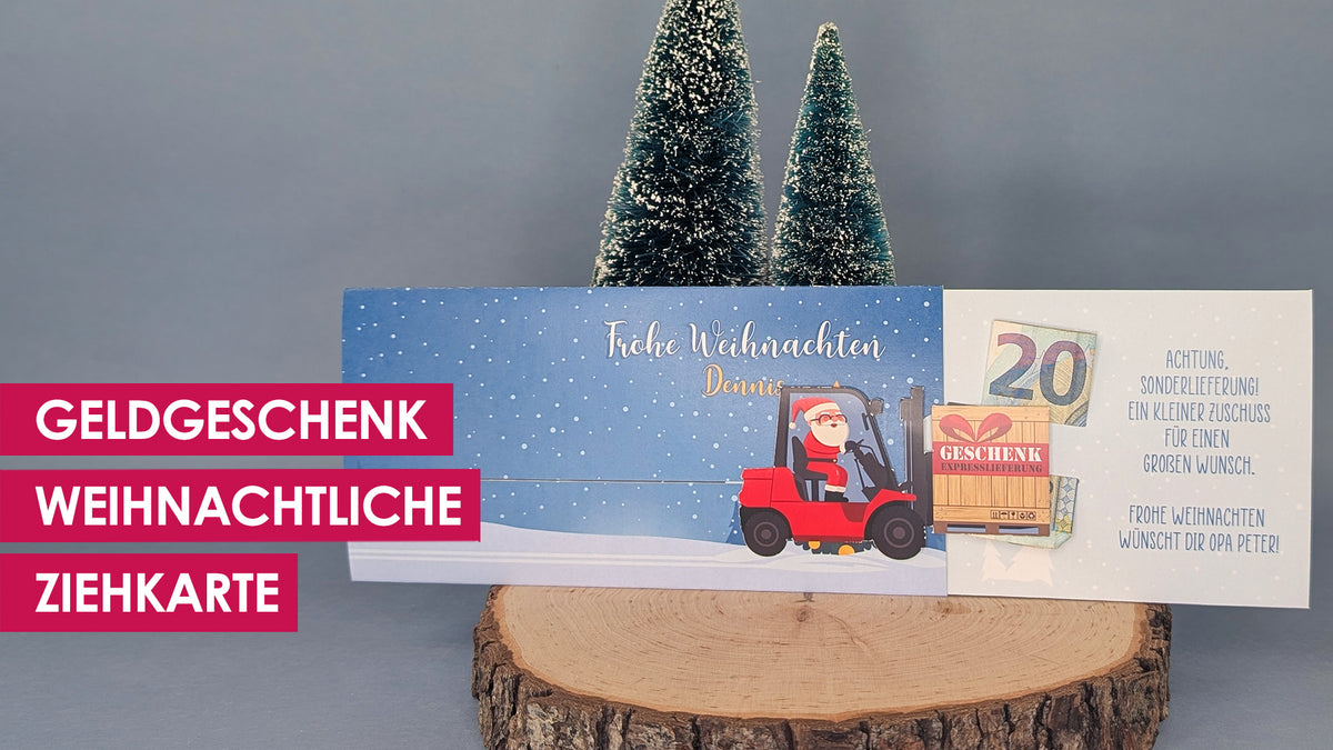 Weihnachtliche Ziehkarte mit bewegenden Gabelstapler Weihnachtsmann und Geschenk, mit Namen und Wunschtext