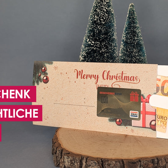 Weihanchtliche Ziehkarte mit Namen und Wunschtext, goldene Bankkarte bewegt sich 