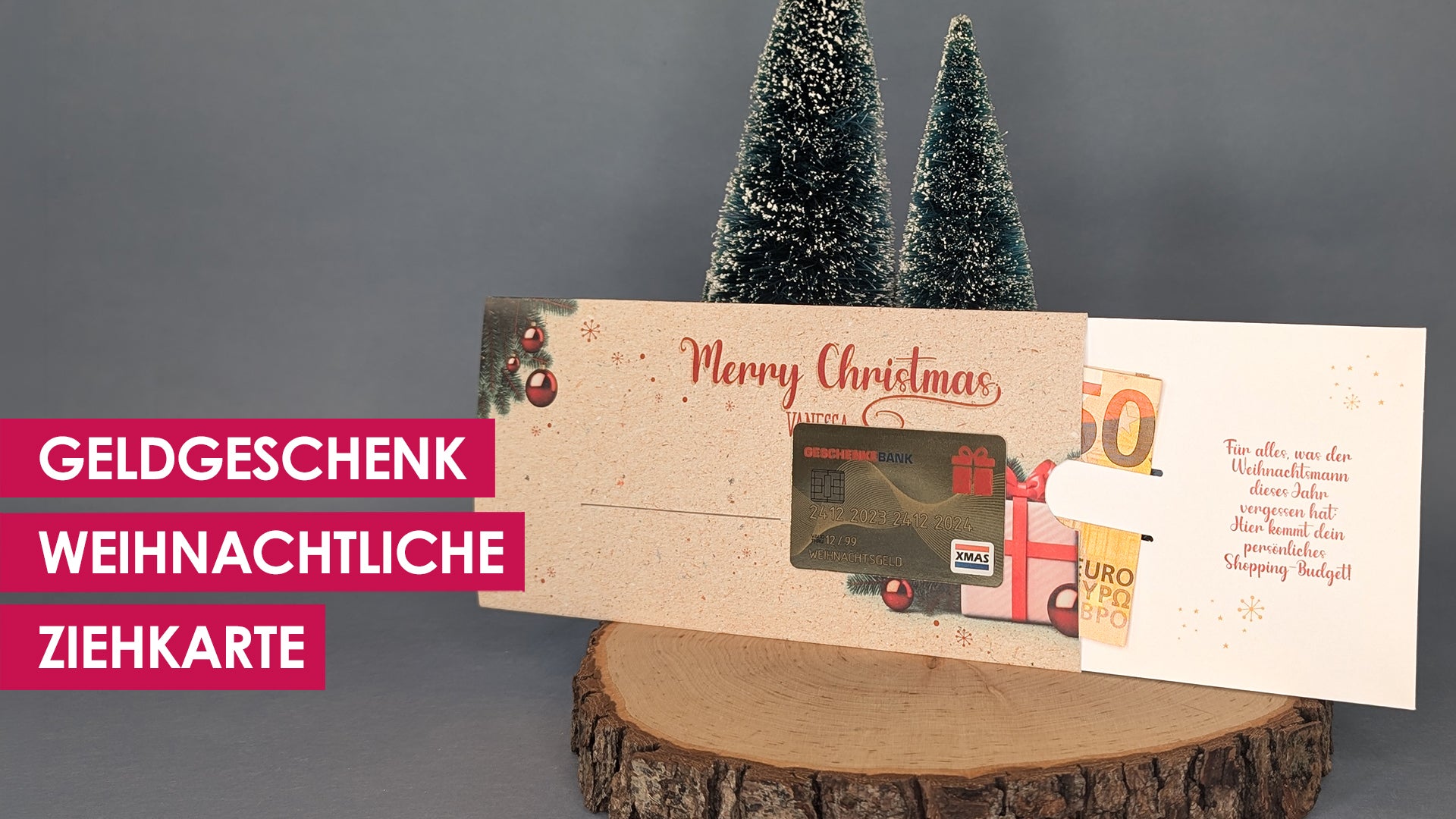 Weihanchtliche Ziehkarte mit Namen und Wunschtext, goldene Bankkarte bewegt sich 