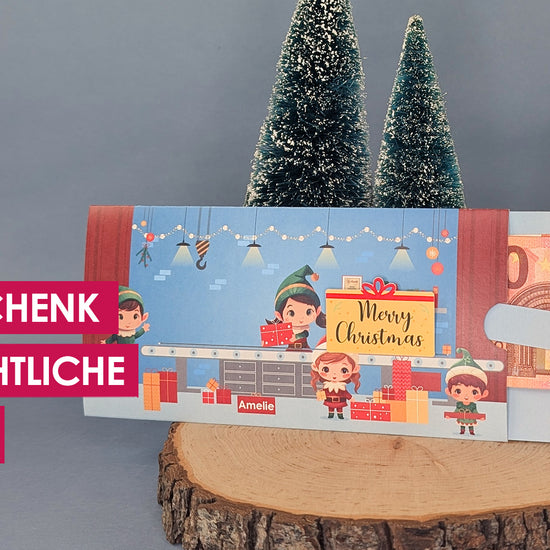 Weihnachtliche Ziehkarte Wichtelwerkstatt mit bewegendem Paket, Namen und Wunschtext