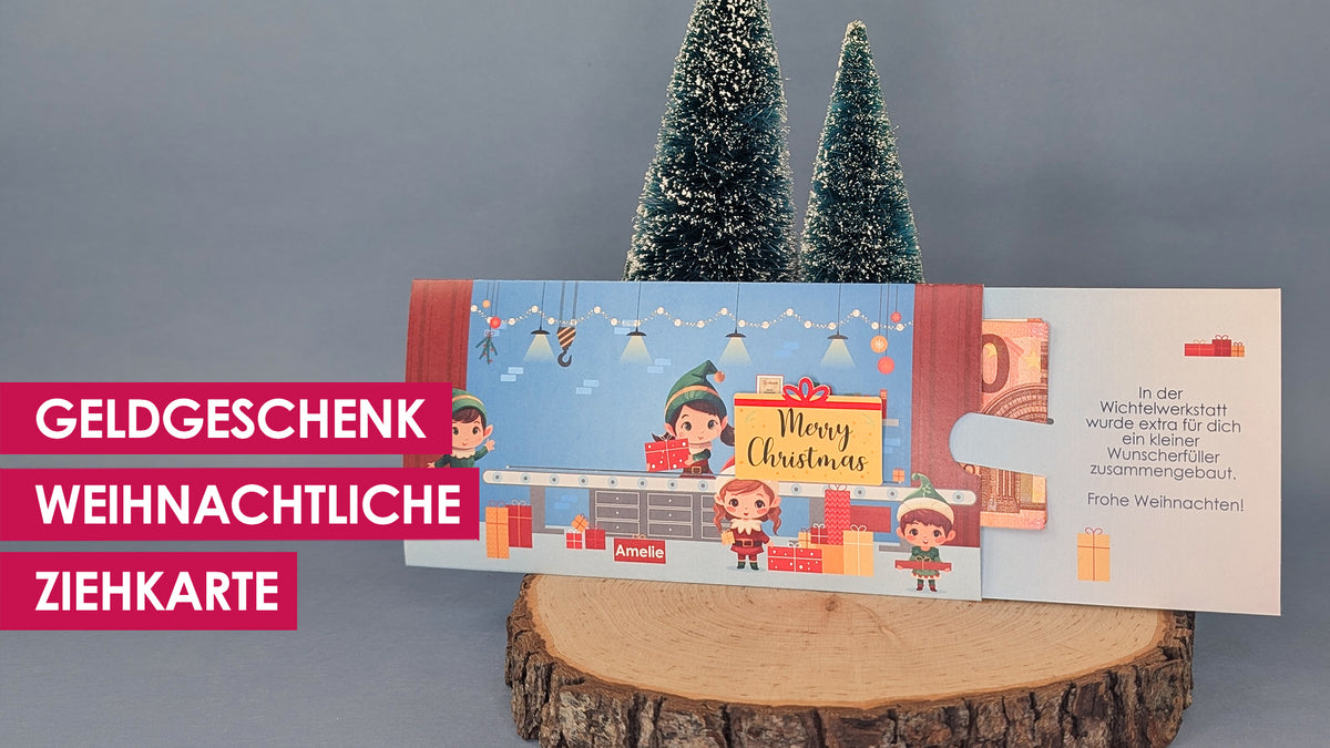 Weihnachtliche Ziehkarte Wichtelwerkstatt mit bewegendem Paket, Namen und Wunschtext