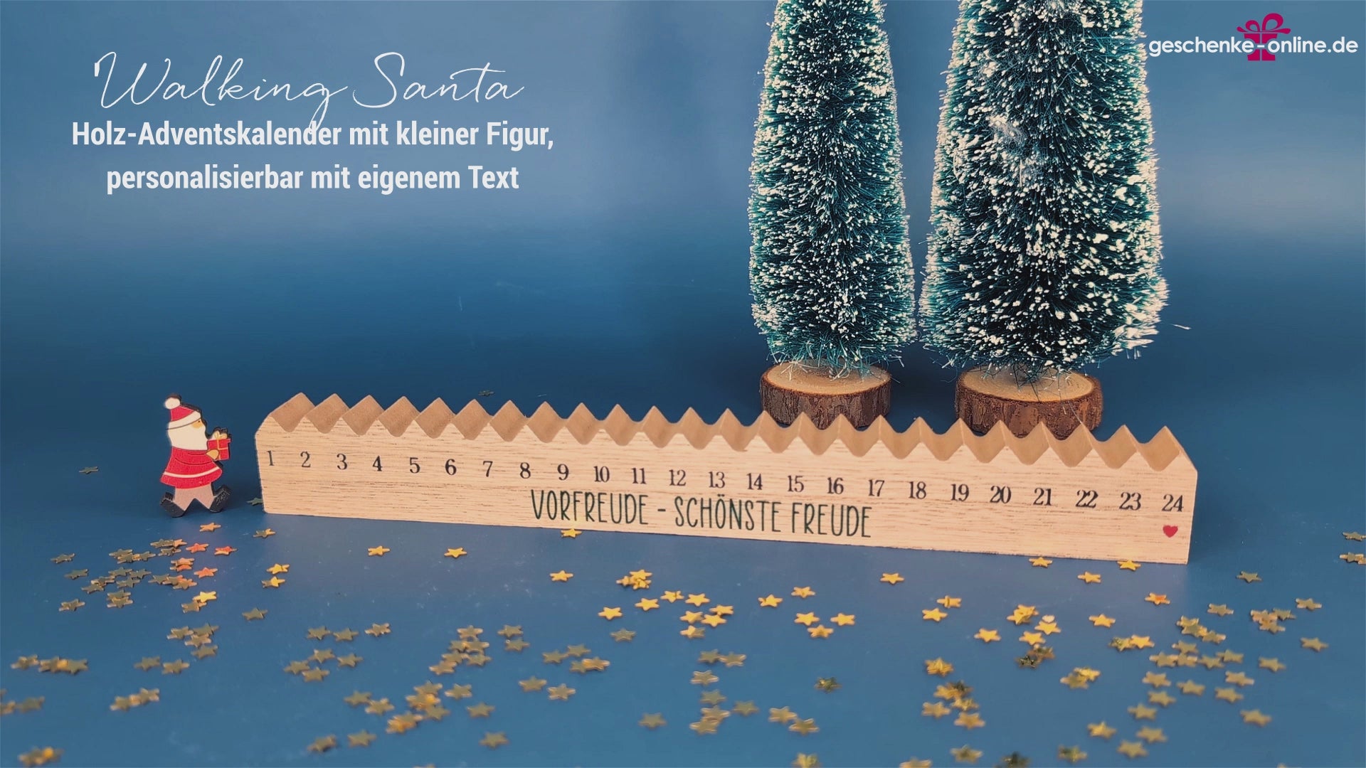Adventskalender aus Holz mit versetzbaren Weihnachtsmann