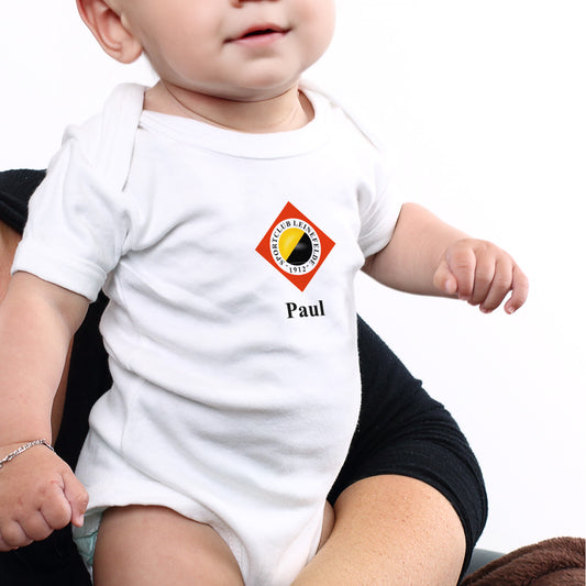 weißer Babybody mit SC Leinefelde Logo und Wunschzeile