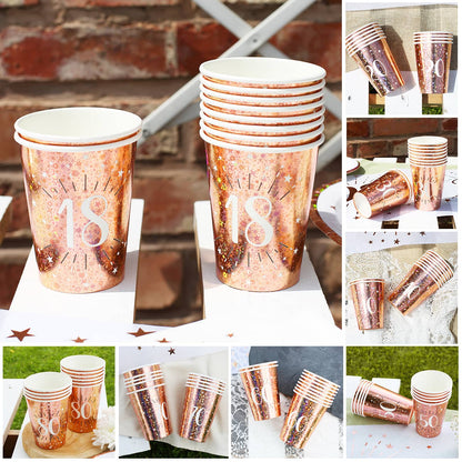 10 Pappbecher in  rose mit Glitzereffekt vom 18.-80. Geburtstag