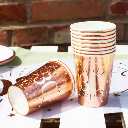 10 Pappbecher in  rose mit Glitzereffekt vom 18.-80. Geburtstag