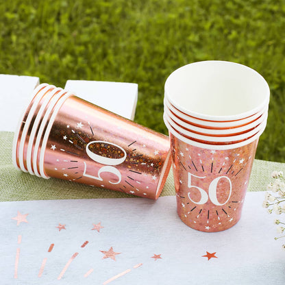 10 Pappbecher in  rose mit Glitzereffekt vom 18.-80. Geburtstag