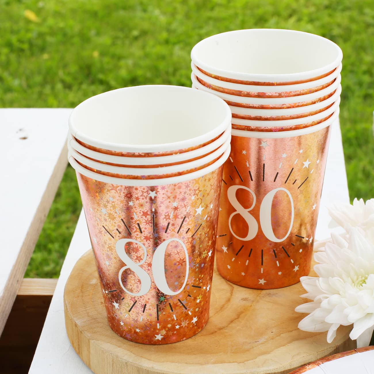 10 Pappbecher in  rose mit Glitzereffekt vom 18.-80. Geburtstag