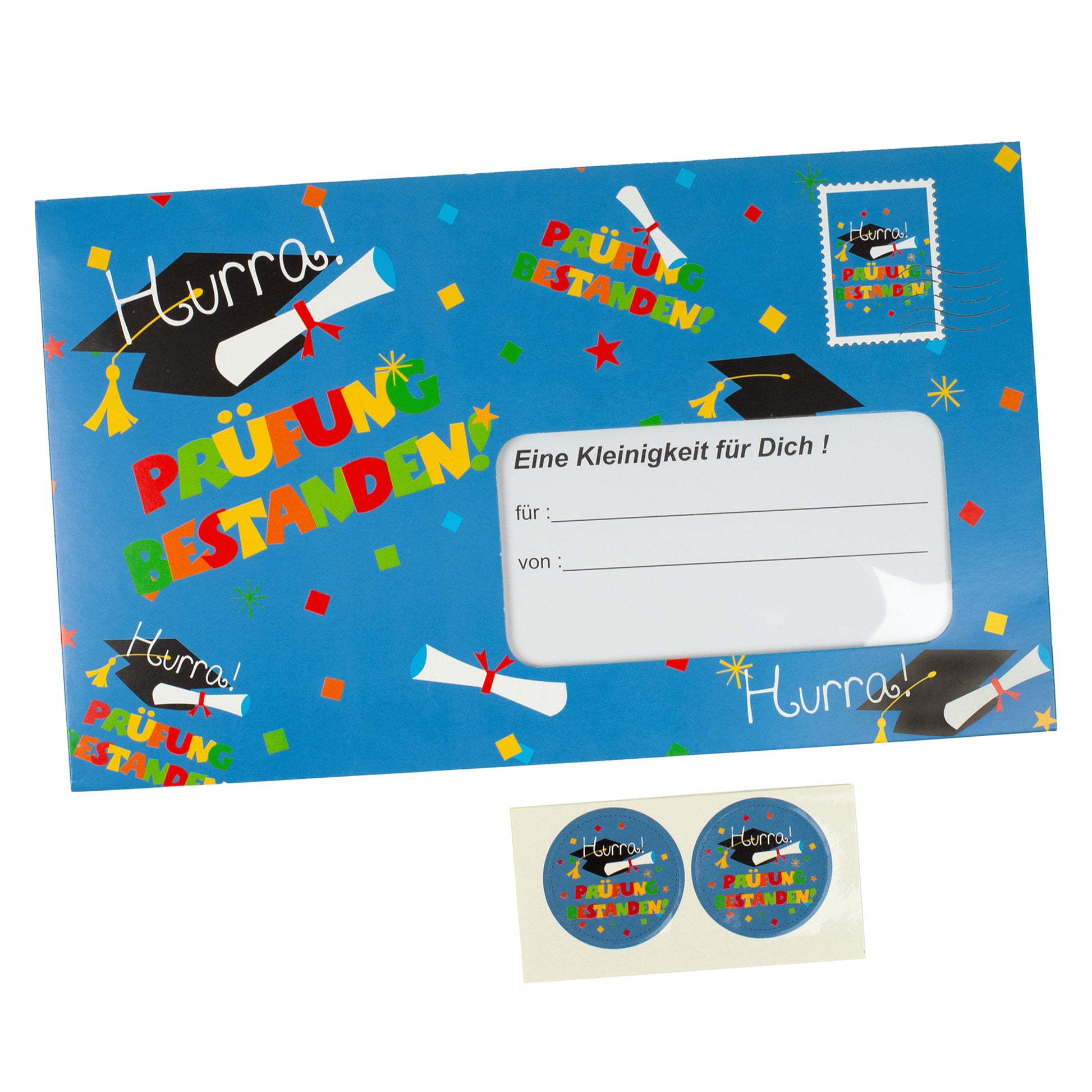 Freigestelltes Produktbild des weißen Riesenumschlags „Prüfung bestanden“ mit Stickern und Adressfeld.