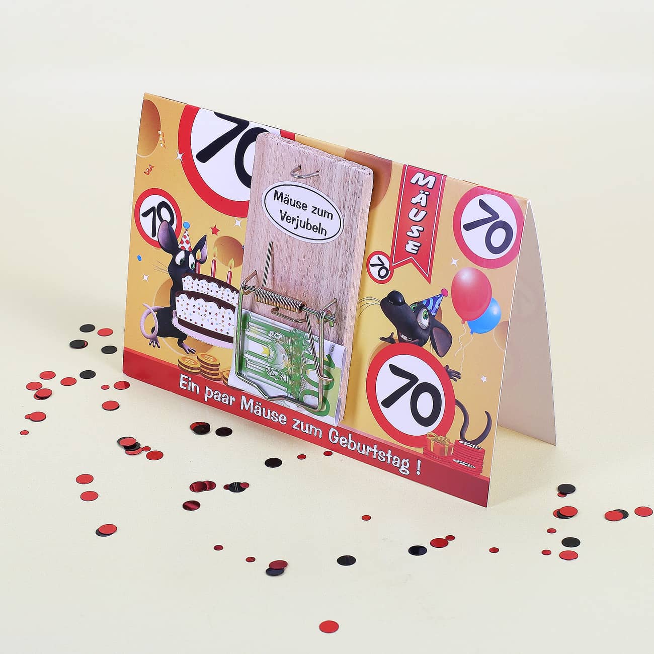 Geburtstagskarte zum 70. mit Mausefalle