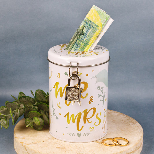 Metall-Spardose Mr. & Mrs. zur Hochzeit mit Geldschein im Einwurfschlitz
