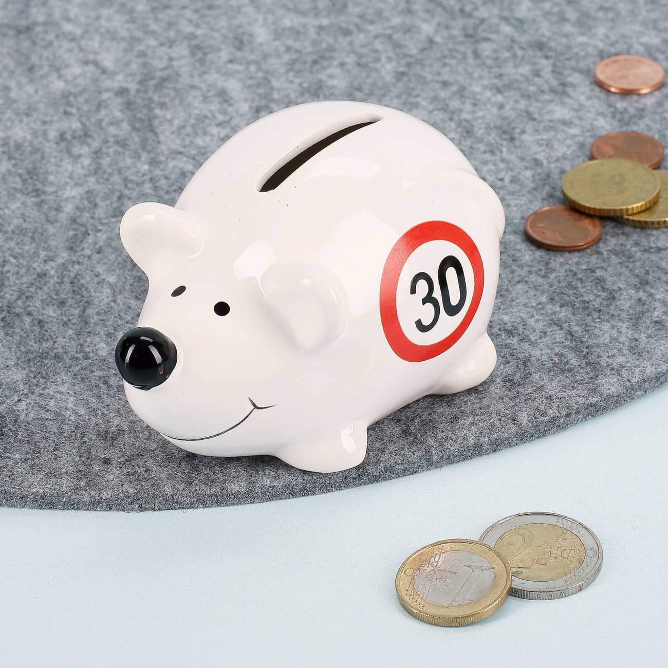 Kleine Spar-Maus in weiß zum 30. Geburtstag