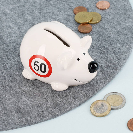 Kleine Spar-Maus in weiß zum 50. Geburtstag